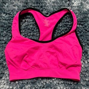 Women's size Medium Hot Pink with Black Trim Razor Back Soft Stretchy Sports Bra